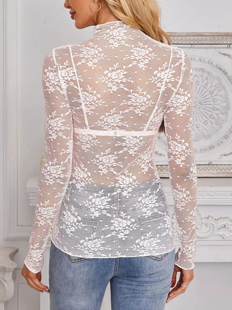 Lace Mock Neck Long Sleeve Blouse STYLE SOURCE