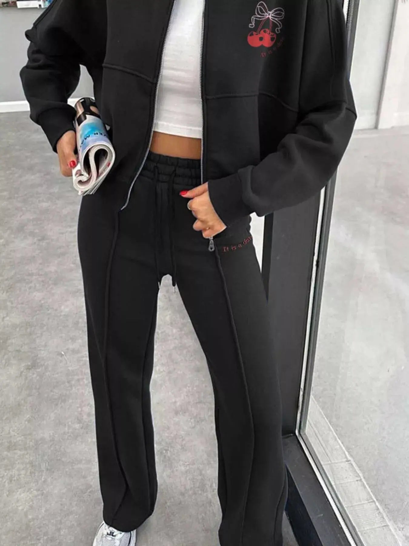 Zip Up Dropped Shoulder Outerwear and Pants Set STYLE SOURCE