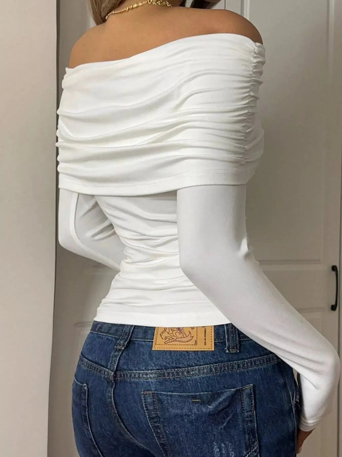 Off-Shoulder Ruched Long Sleeve T-Shirt STYLE SOURCE
