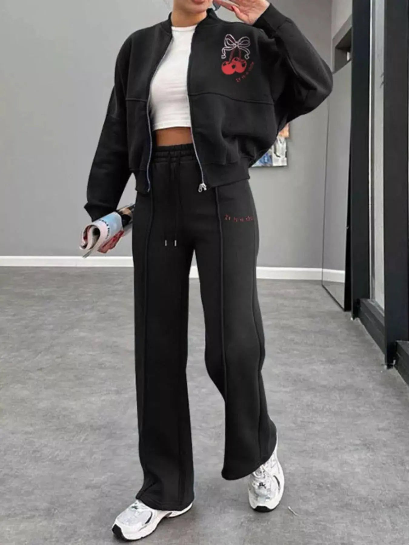 Zip Up Dropped Shoulder Outerwear and Pants Set STYLE SOURCE