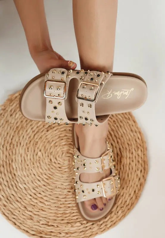 Jayata Metallic Stud Embellished Sliders STYLE SOURCE