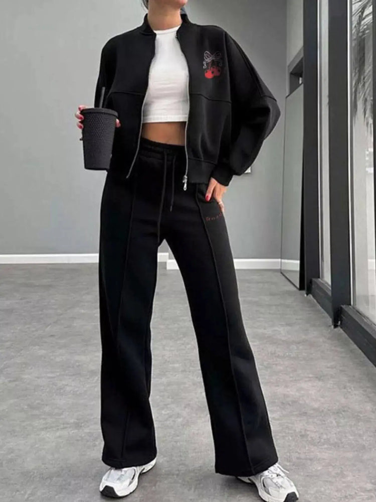Zip Up Dropped Shoulder Outerwear and Pants Set STYLE SOURCE