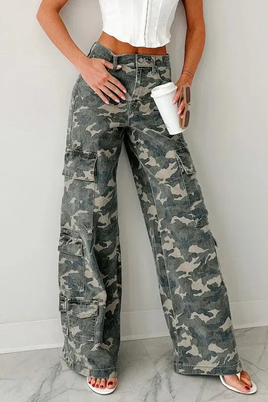 Camo Denim Cargo Wide Leg Pants STYLE SOURCE