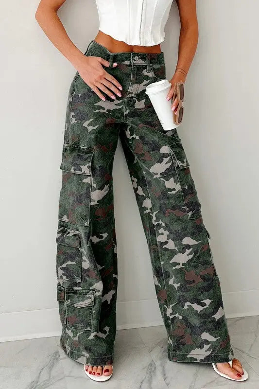Camo Denim Cargo Wide Leg Pants STYLE SOURCE