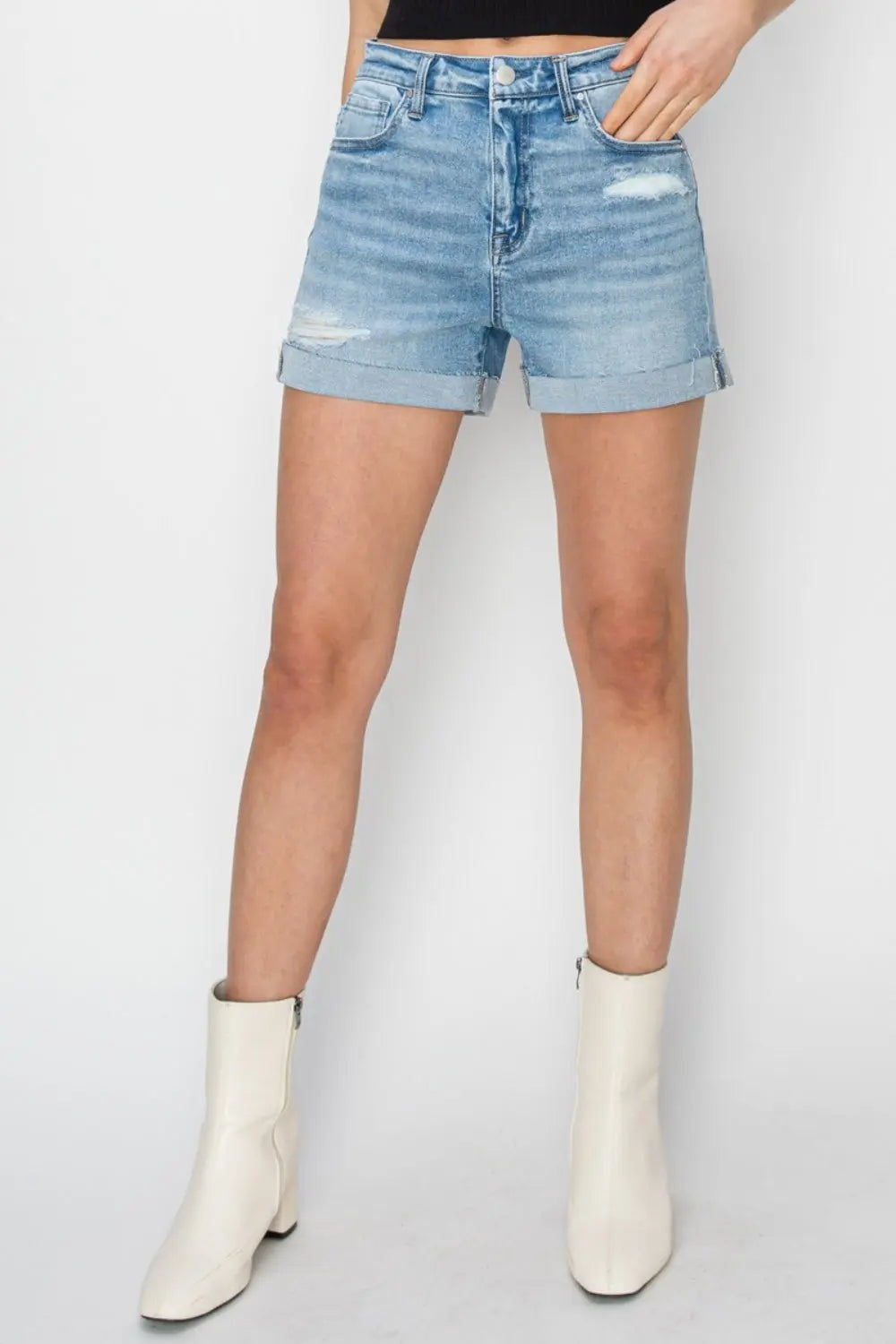 RISEN Distressed Mid-Rise Waist Denim Shorts STYLE SOURCE