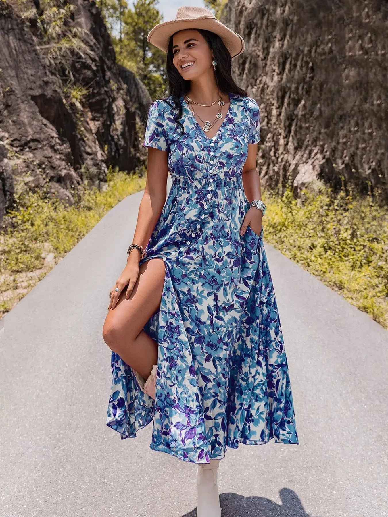 Floral Print V-Neck Slit Midi Dress STYLE SOURCE