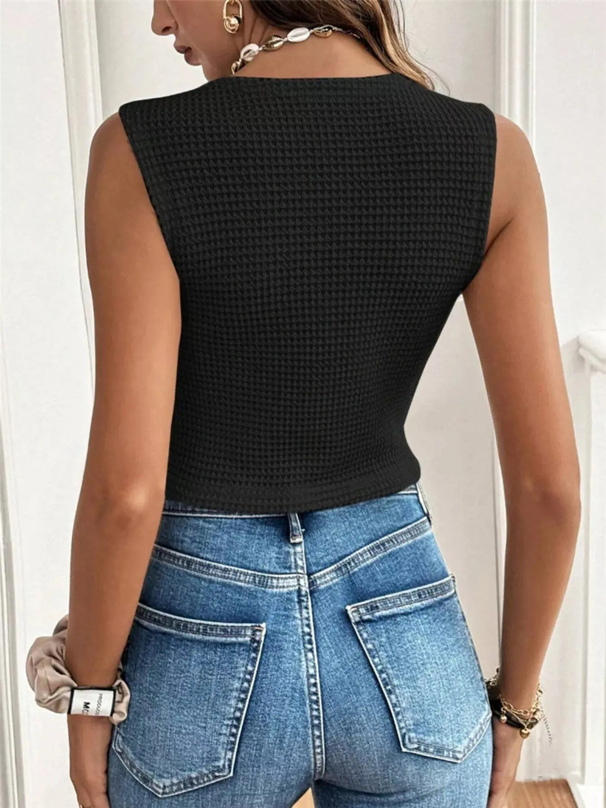 Textured Button-Front Sleeveless Vest Top STYLE SOURCE