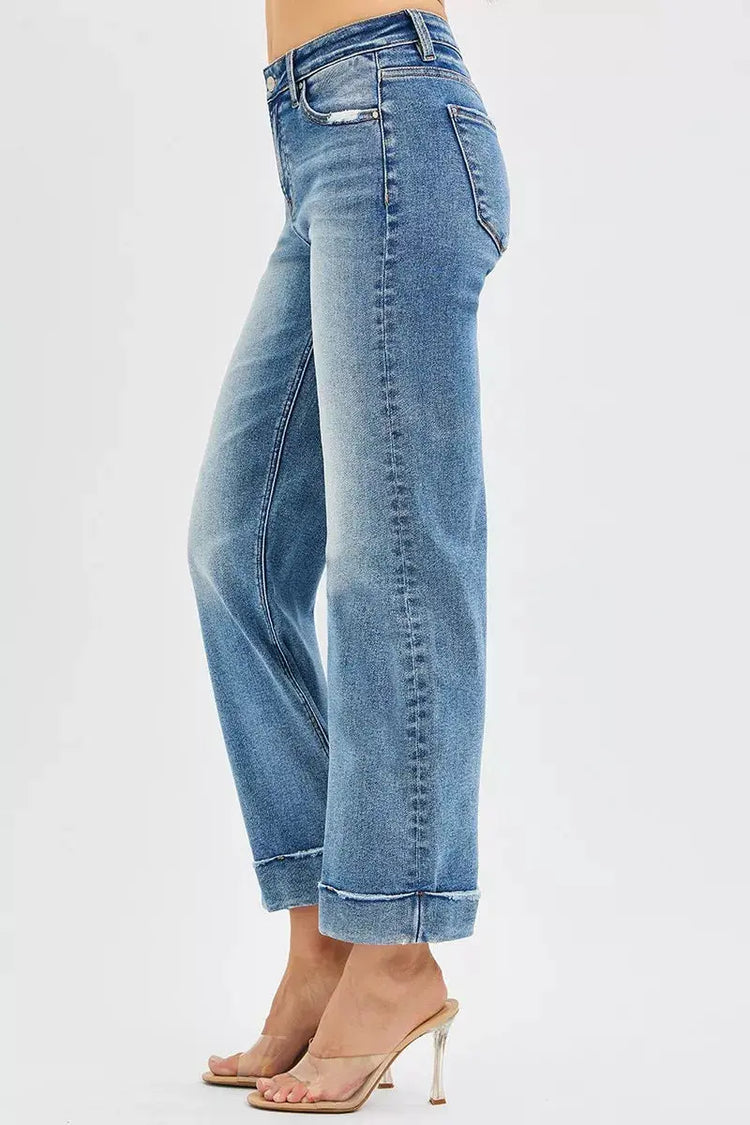 RISEN Full Size Mid Rise Crop Straight Jeans with Taylor Cuffed Plus Size STYLE SOURCE