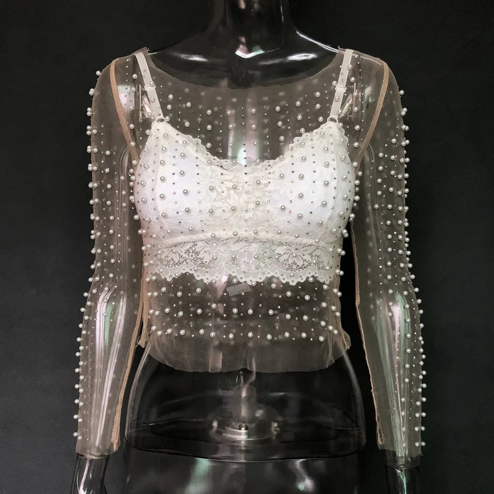 2023 Elegant Women's Diamonds and Pearl See-Through Mesh T-Shirt Spring Crop Top STYLE SOURCE