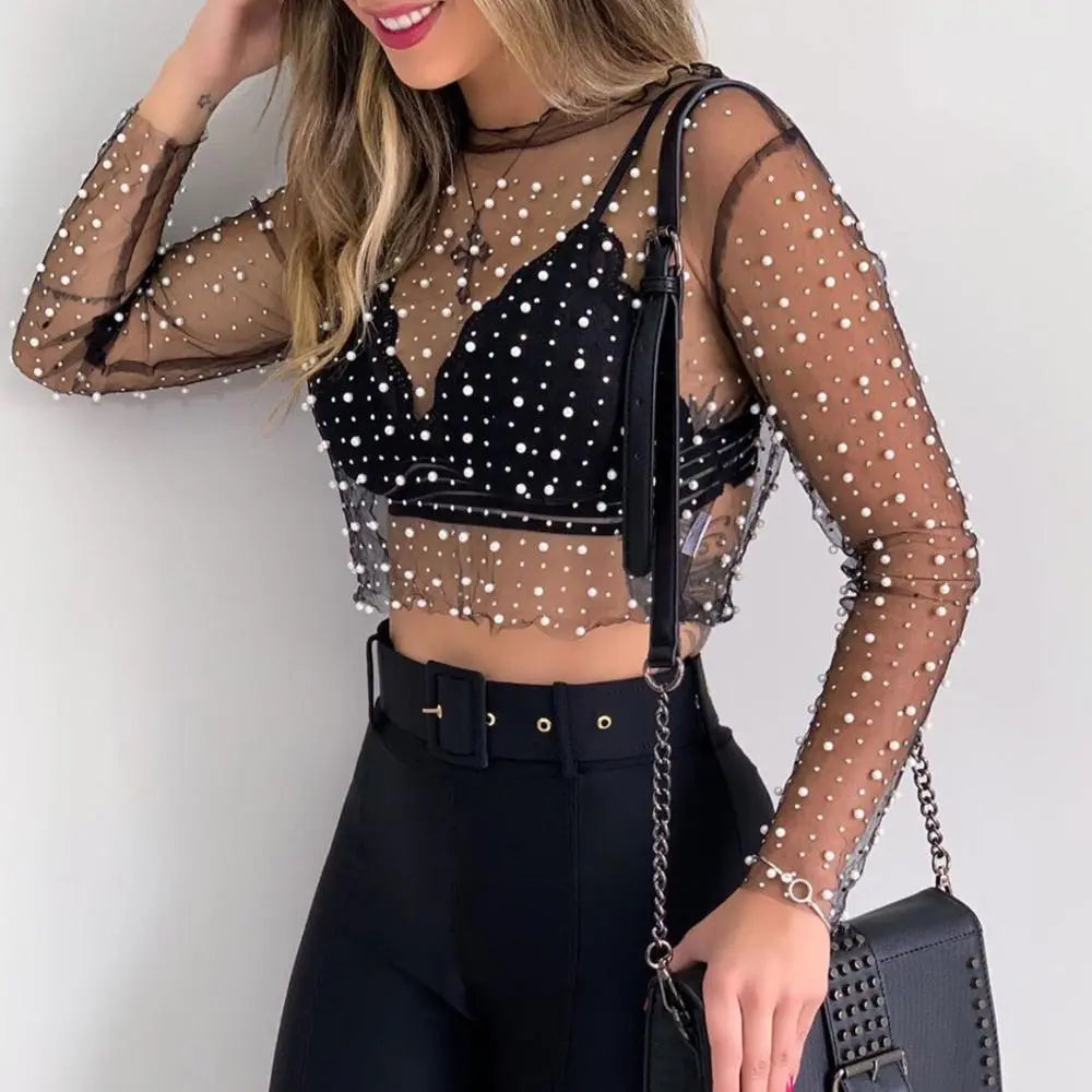 2023 Elegant Women's Diamonds and Pearl See-Through Mesh T-Shirt Spring Crop Top STYLE SOURCE