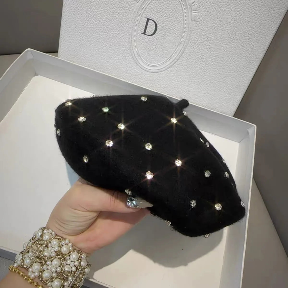 Winter Hats for Women Luxury Rhinestone Decor Wool Beret STYLE SOURCE