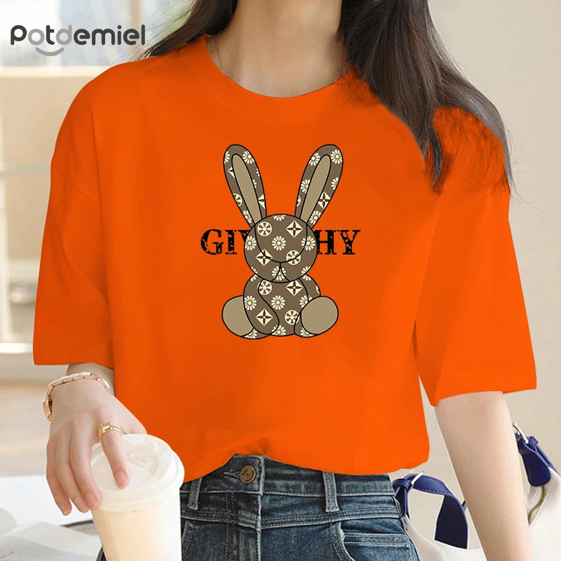 100% Cotton Luxury Rabbit Print Show Women T-shirts STYLE SOURCE