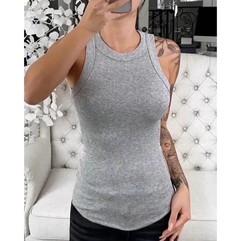 Women Solid Round Neck Ribbed Tank Top STYLE SOURCE