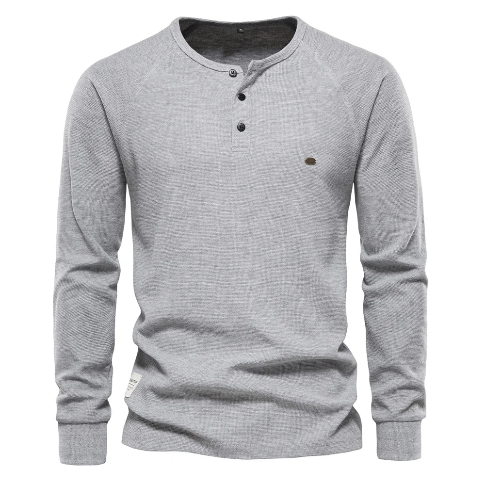 AIOPESON Waffle Henley T-Shirt Men Long Sleeve STYLE SOURCE