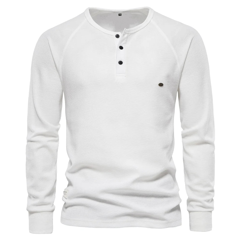 AIOPESON Waffle Henley T-Shirt Men Long Sleeve STYLE SOURCE