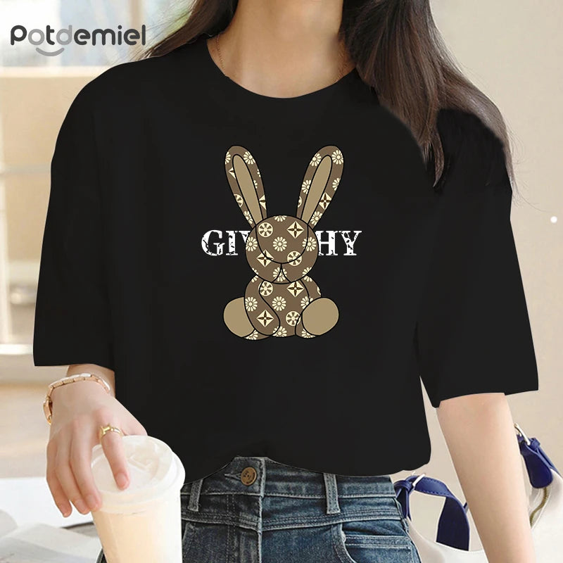 100% Cotton Luxury Rabbit Print Show Women T-shirts STYLE SOURCE