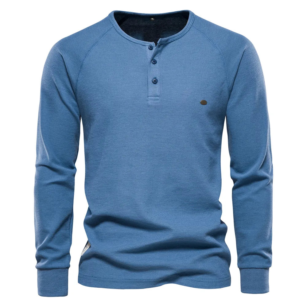 AIOPESON Waffle Henley T-Shirt Men Long Sleeve STYLE SOURCE