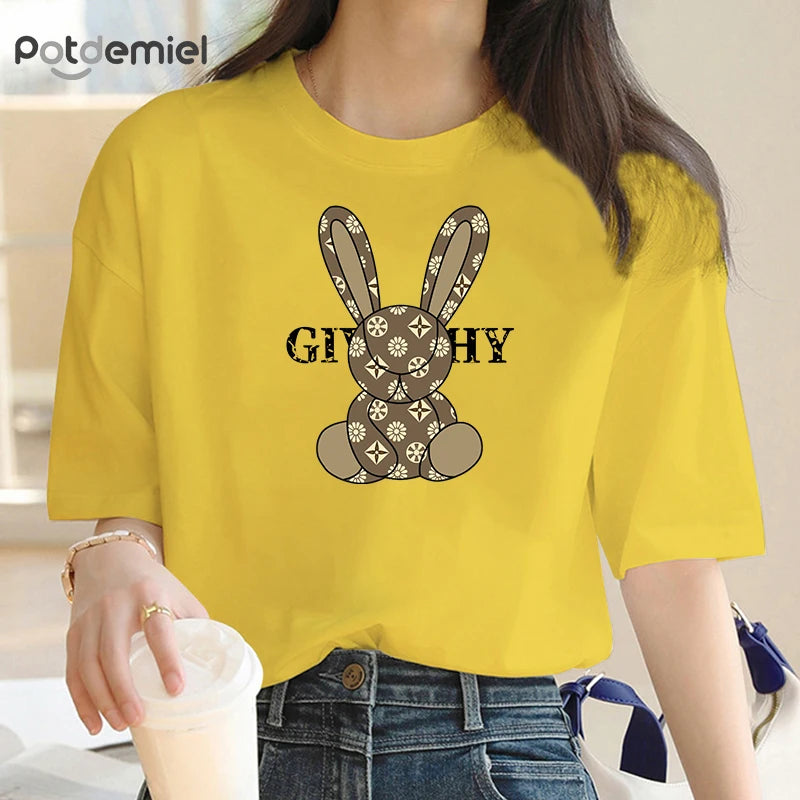 100% Cotton Luxury Rabbit Print Show Women T-shirts STYLE SOURCE