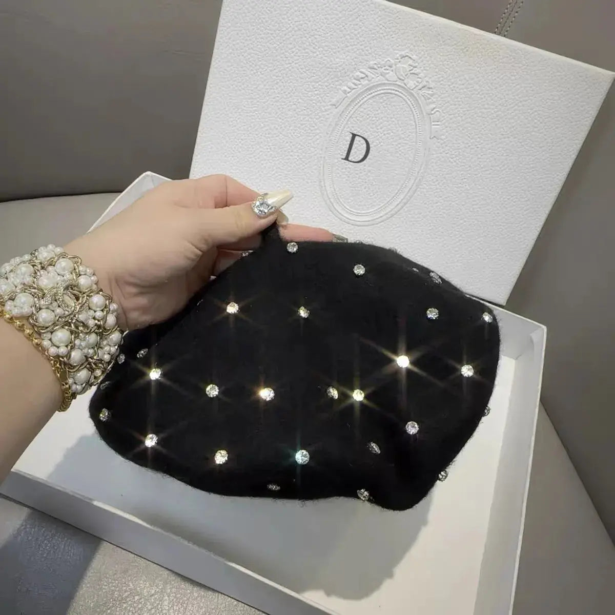 Winter Hats for Women Luxury Rhinestone Decor Wool Beret STYLE SOURCE