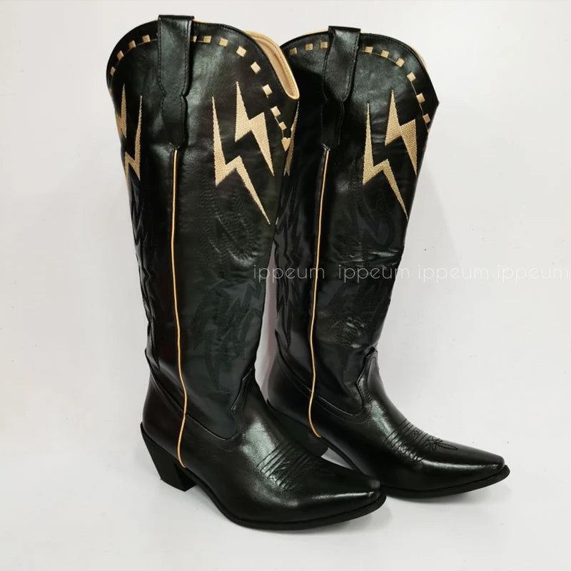 IPPEUM Black Knee High Western Cowboy Boots For Women STYLE SOURCE