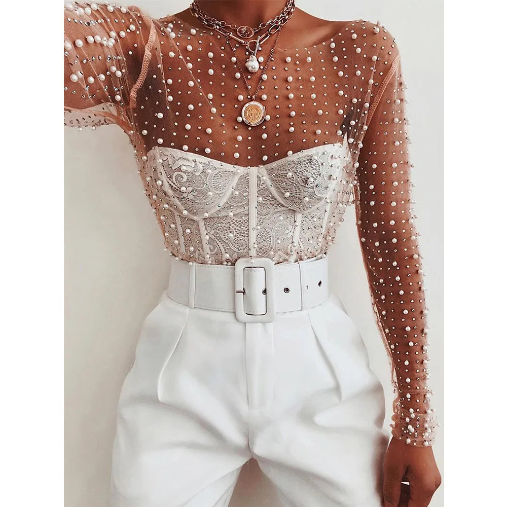 2023 Elegant Women's Diamonds and Pearl See-Through Mesh T-Shirt Spring Crop Top STYLE SOURCE