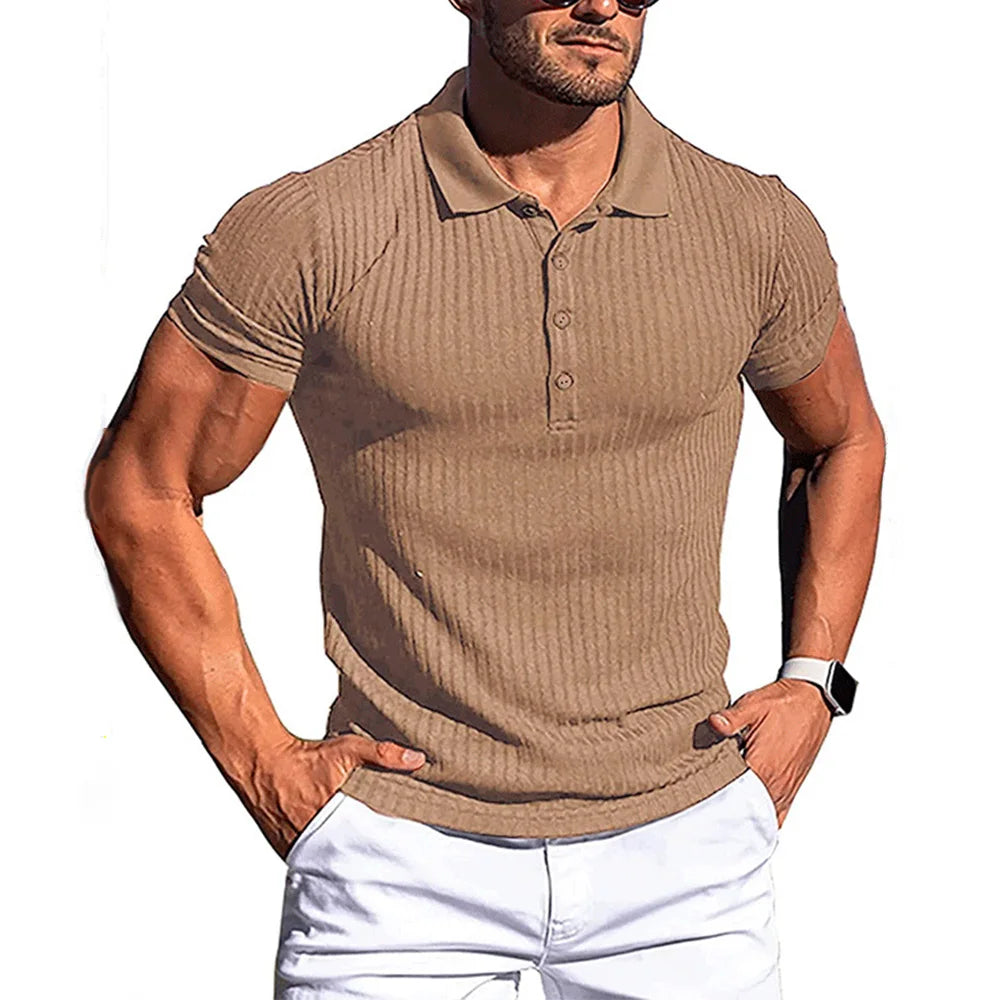 New Summer Polo Men Solid Stripe Fitness STYLE SOURCE