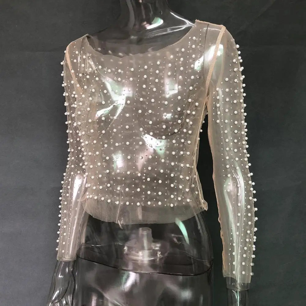 2023 Elegant Women's Diamonds and Pearl See-Through Mesh T-Shirt Spring Crop Top STYLE SOURCE