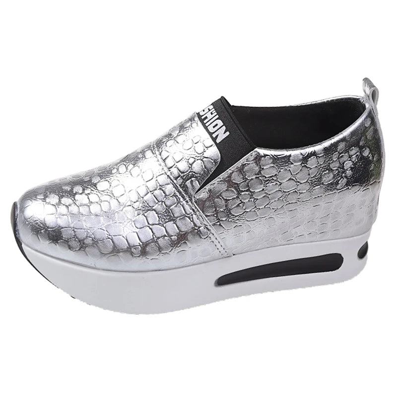 Silver PU Leather Platform Sneakers Women STYLE SOURCE