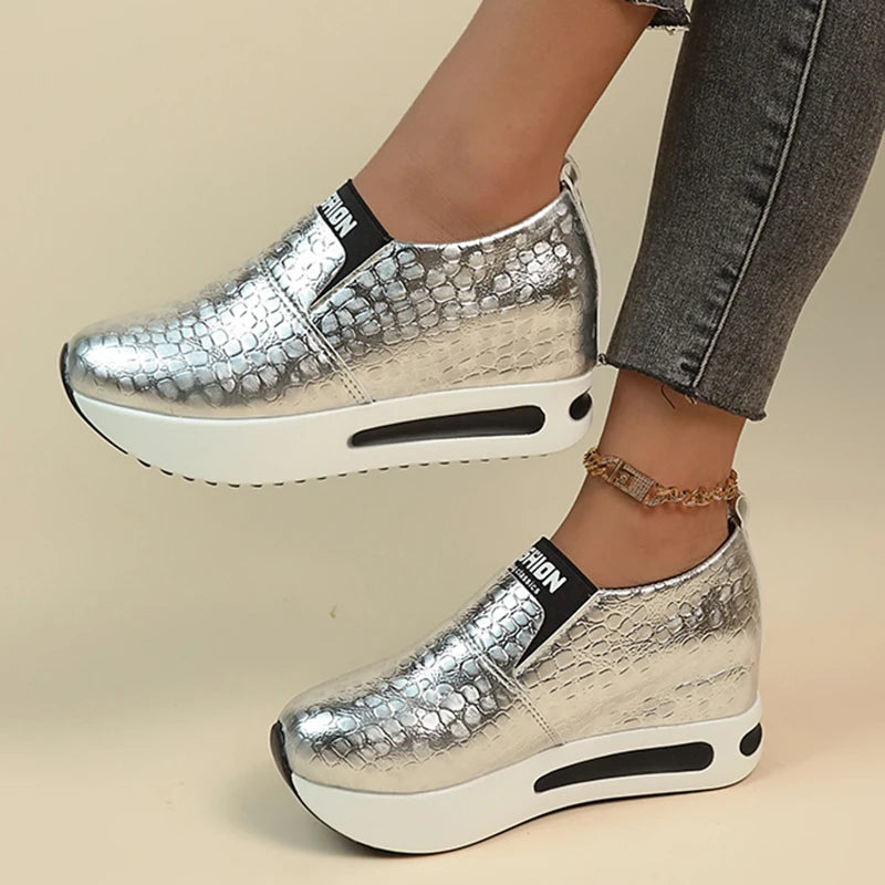 Silver PU Leather Platform Sneakers Women STYLE SOURCE