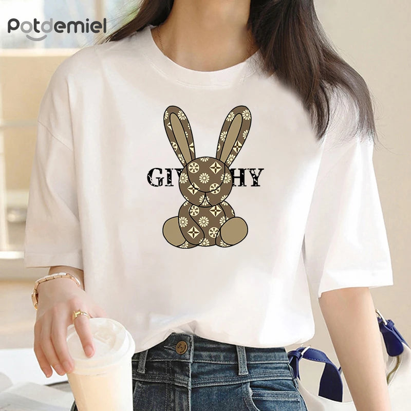 100% Cotton Luxury Rabbit Print Show Women T-shirts STYLE SOURCE