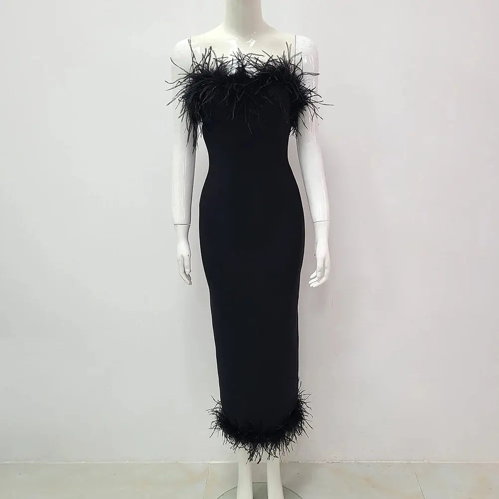 Summer Sexy Strapless Backless Black Feather Midi Bodycon Bandage Dress STYLE SOURCE