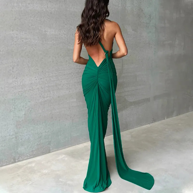 Backless Adjustable Scarf Loop Ruched Sexy Maxi Dress STYLE SOURCE