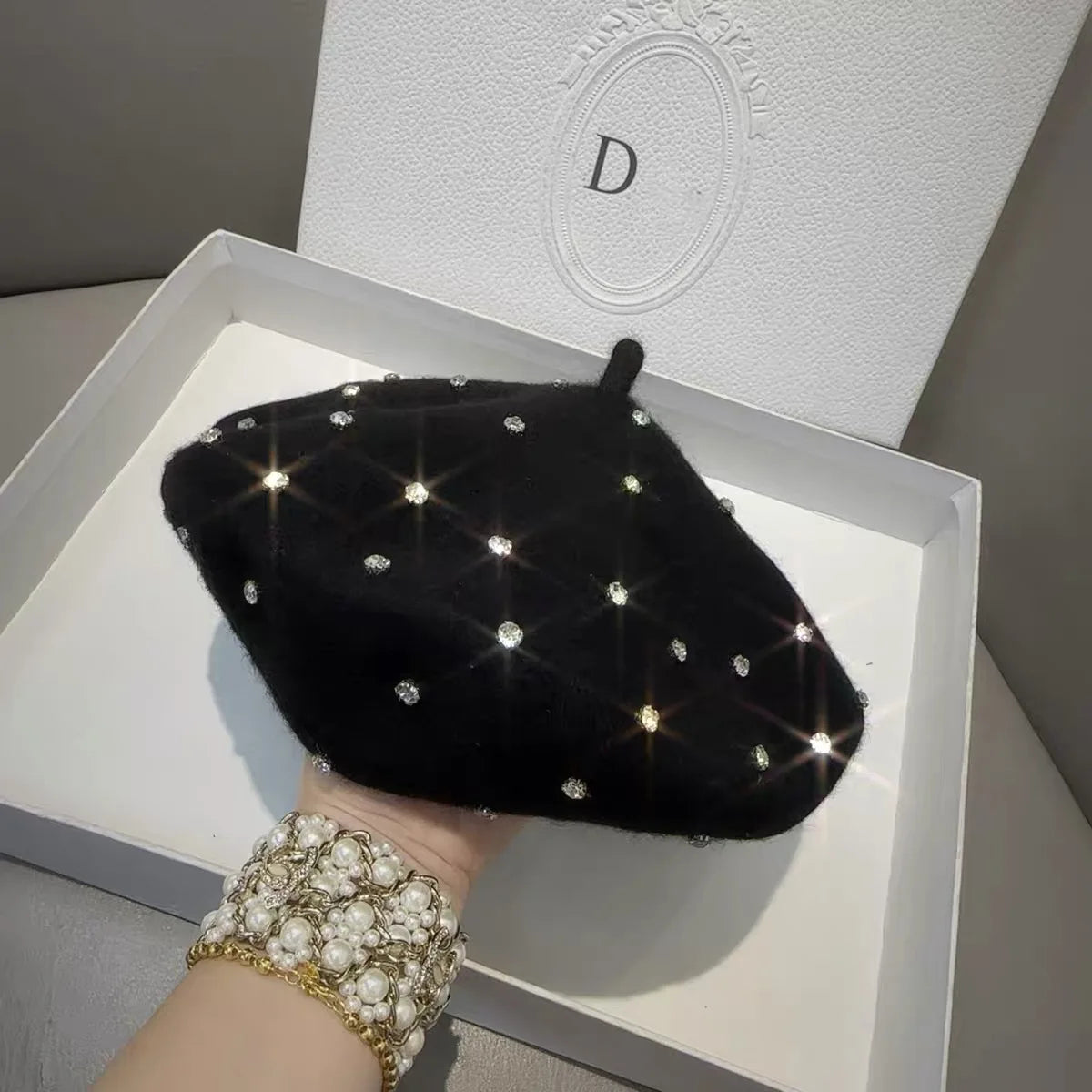 Winter Hats for Women Luxury Rhinestone Decor Wool Beret STYLE SOURCE