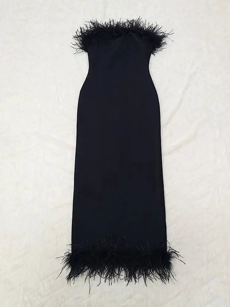 Summer Sexy Strapless Backless Black Feather Midi Bodycon Bandage Dress STYLE SOURCE