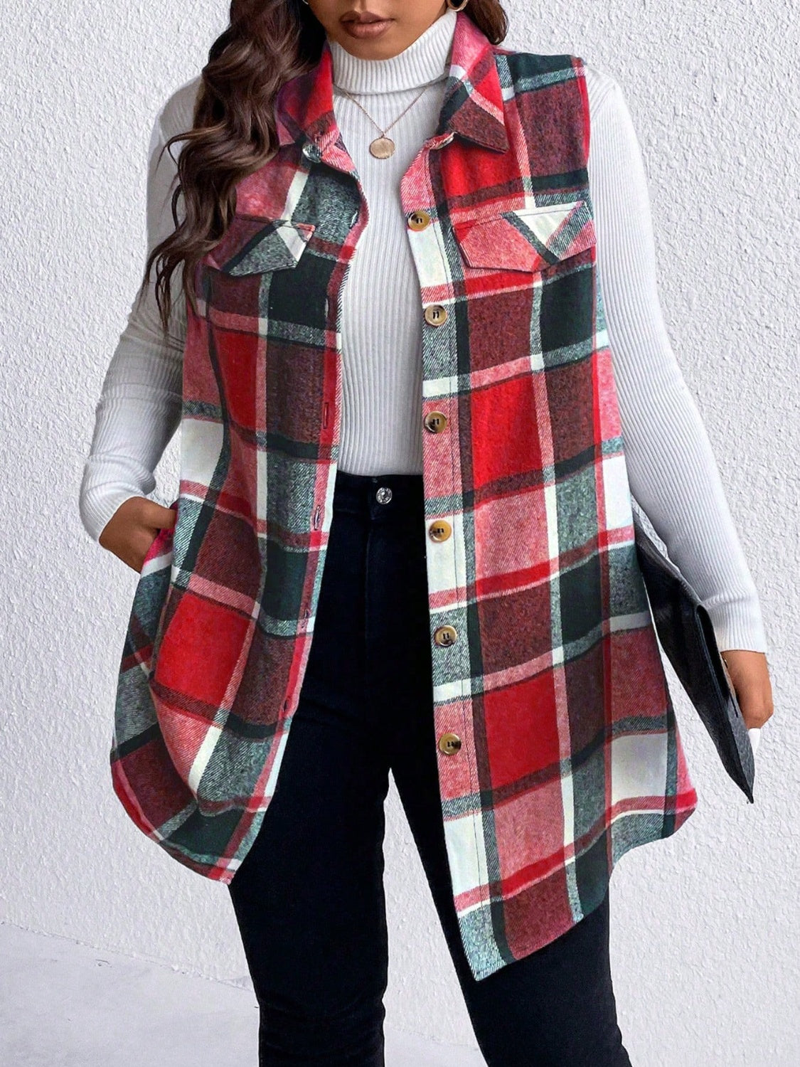 Honey Plus Size Pocketed Plaid Button Up Vest Coat STYLE SOURCE