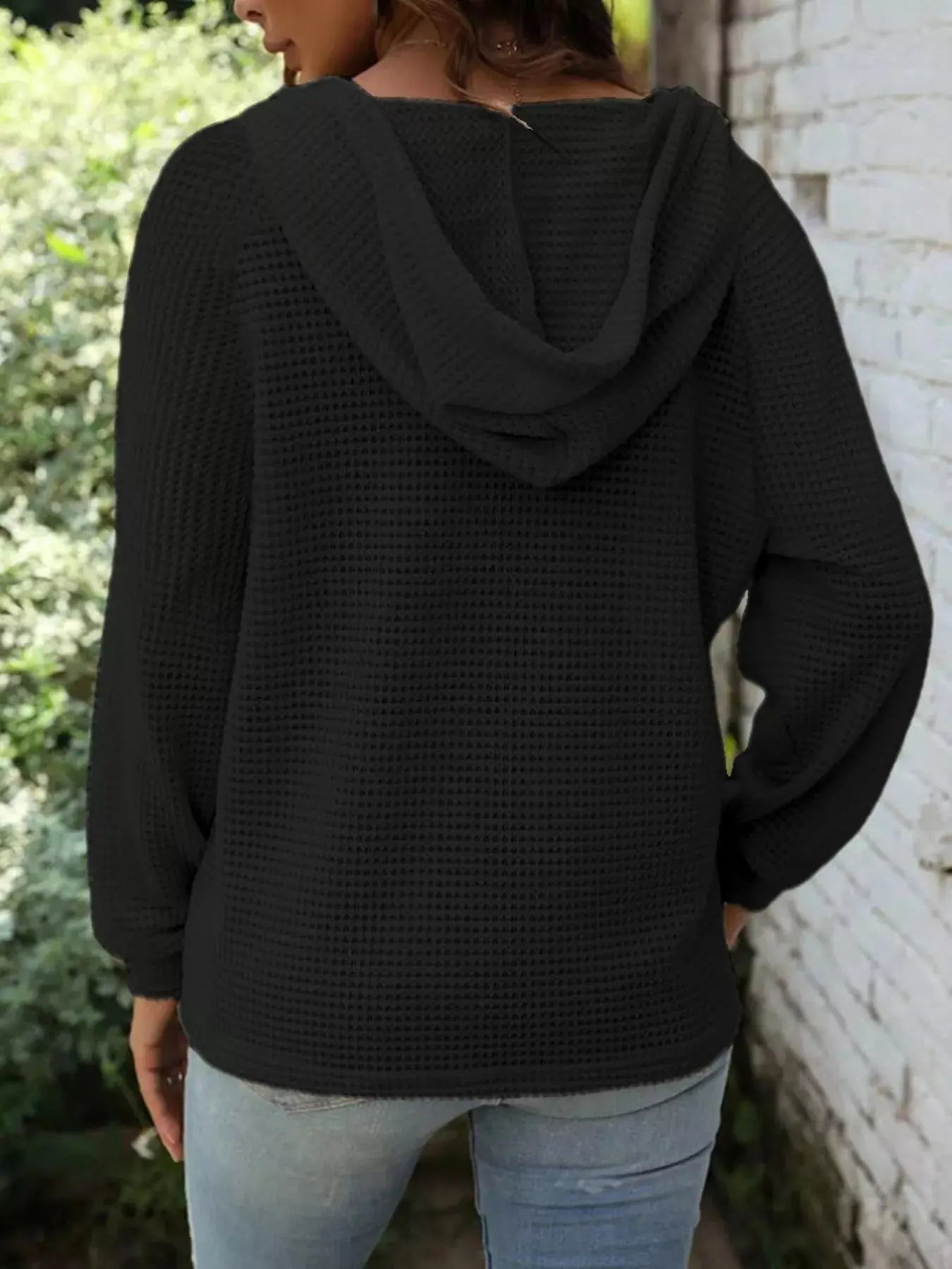 Full Size Button Detail Waffle Knit Hoodie Plus Size STYLE SOURCE