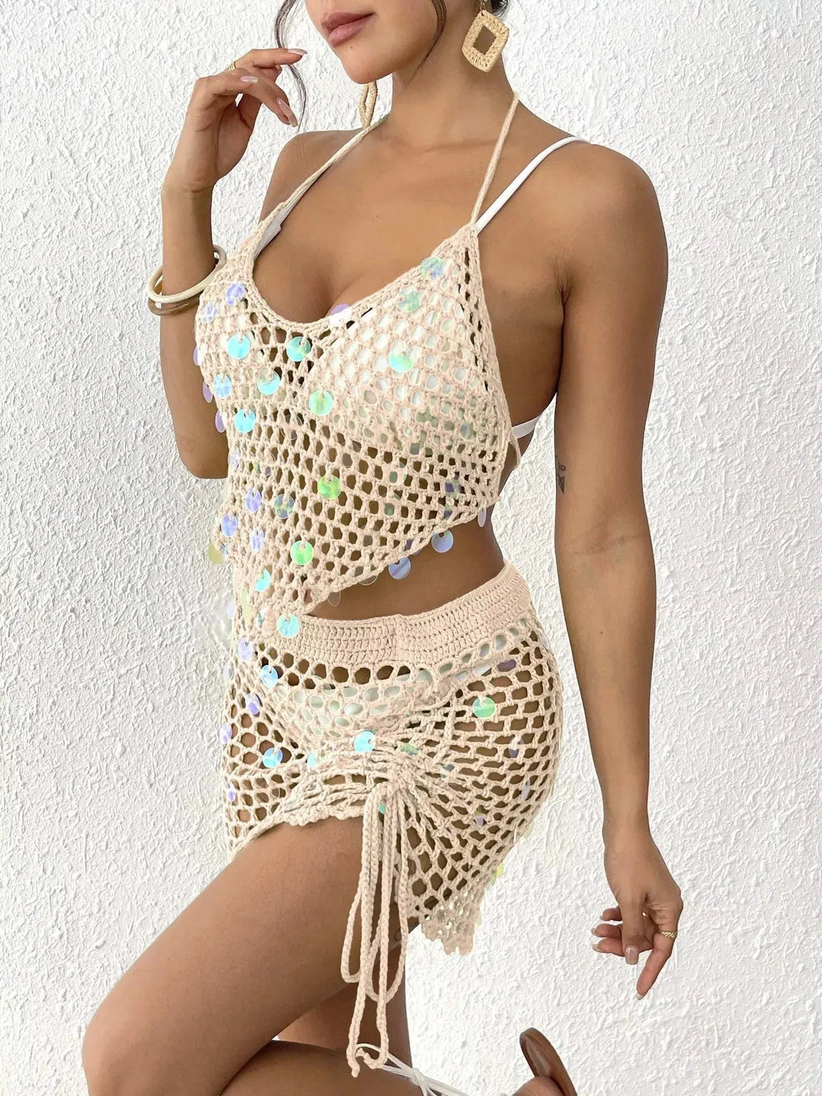 Crochet Halter Neck Top & Skirt Cover Up Set STYLE SOURCE