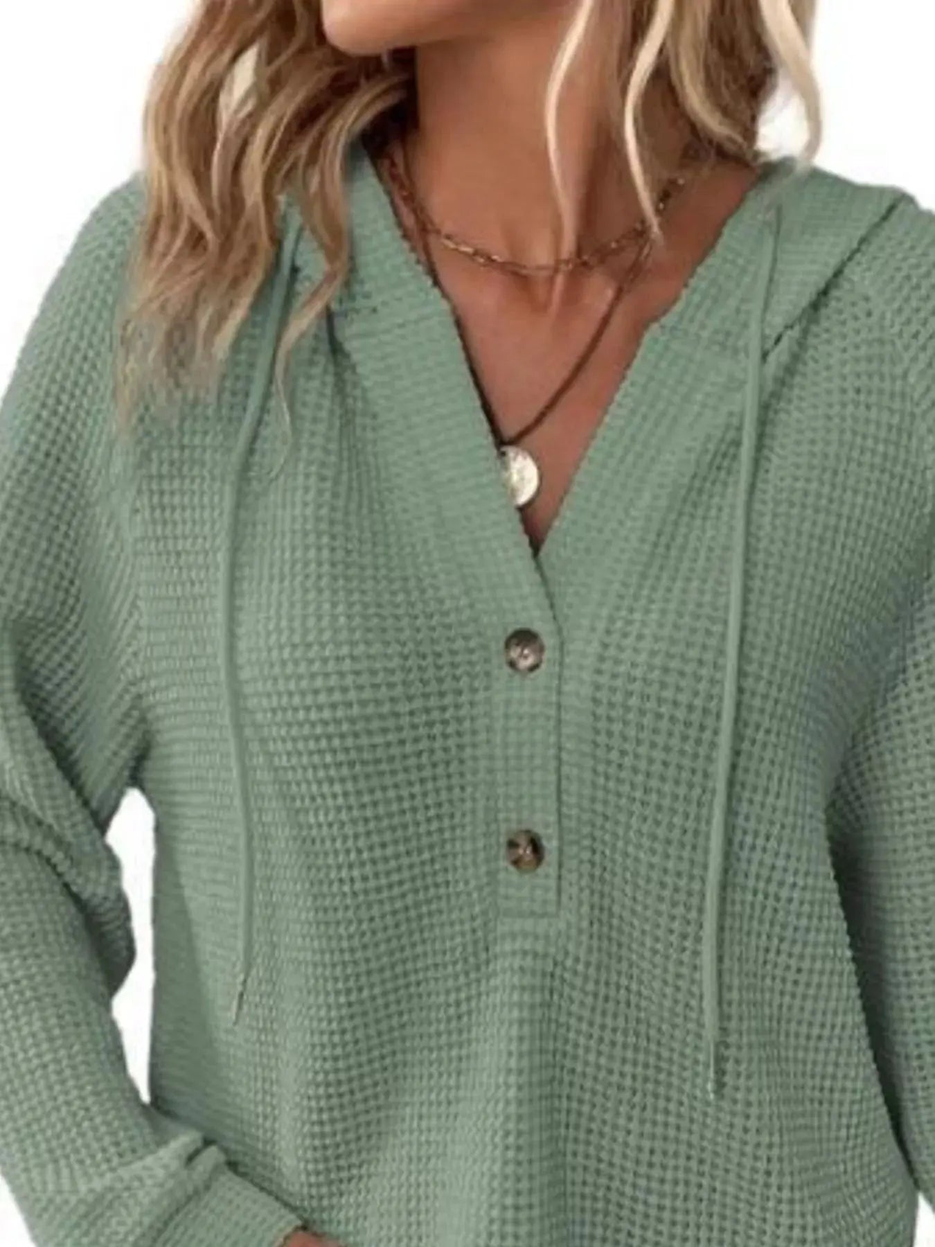 Full Size Button Detail Waffle Knit Hoodie Plus Size STYLE SOURCE