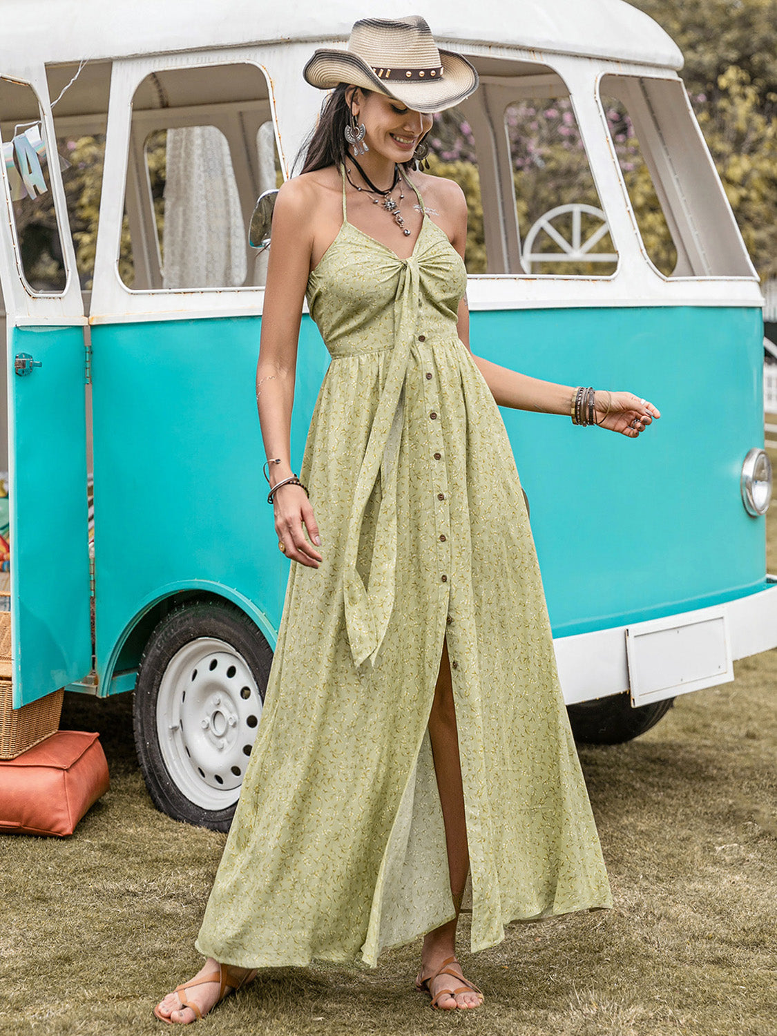 Printed Halter Neck Maxi Dress STYLE SOURCE