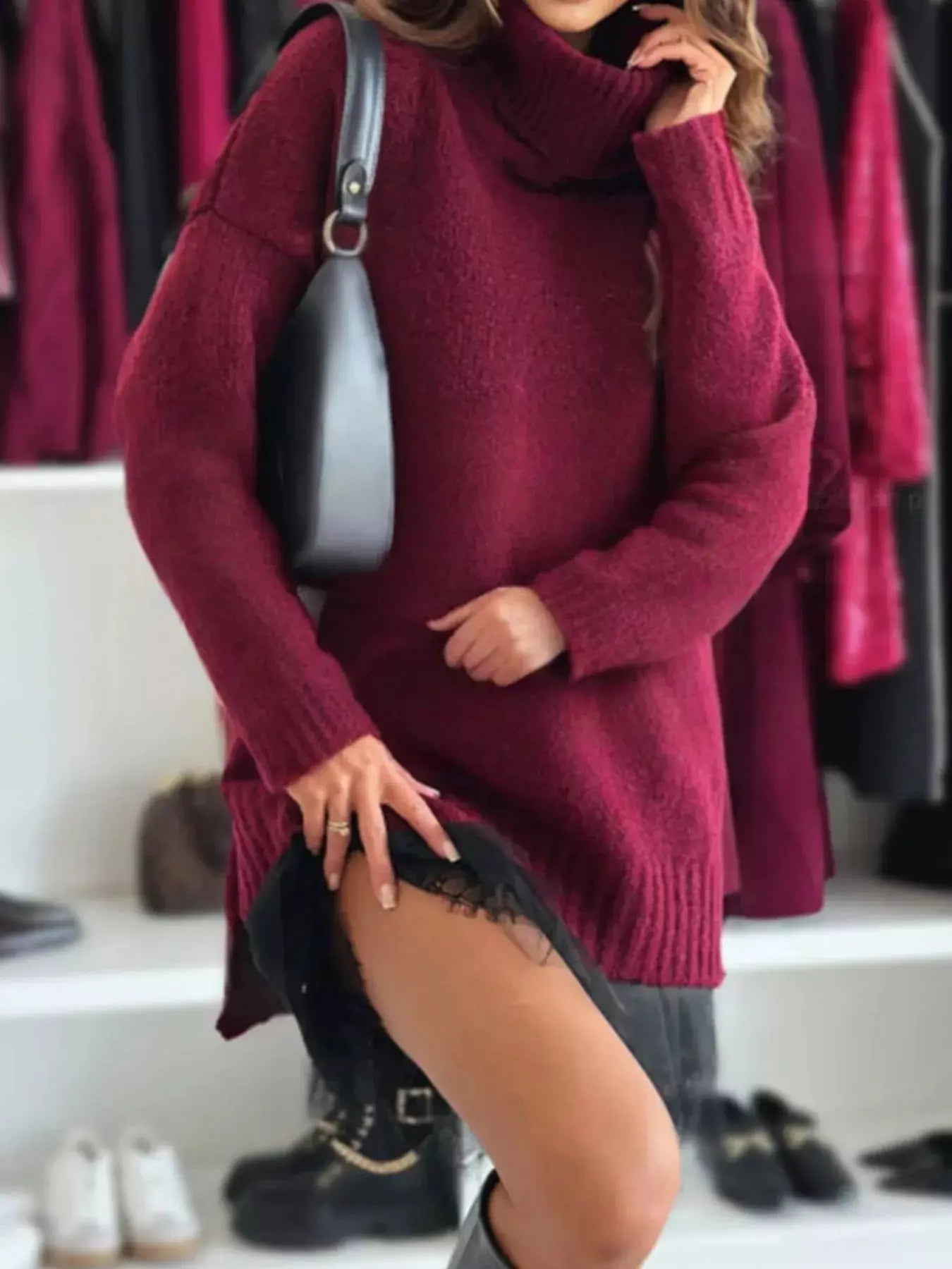Full Size Lace Detail Cami Dress and Turtleneck Oversized Sweater Set Plus Size STYLE SOURCE