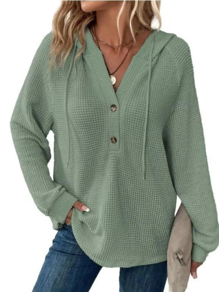 Full Size Button Detail Waffle Knit Hoodie Plus Size STYLE SOURCE