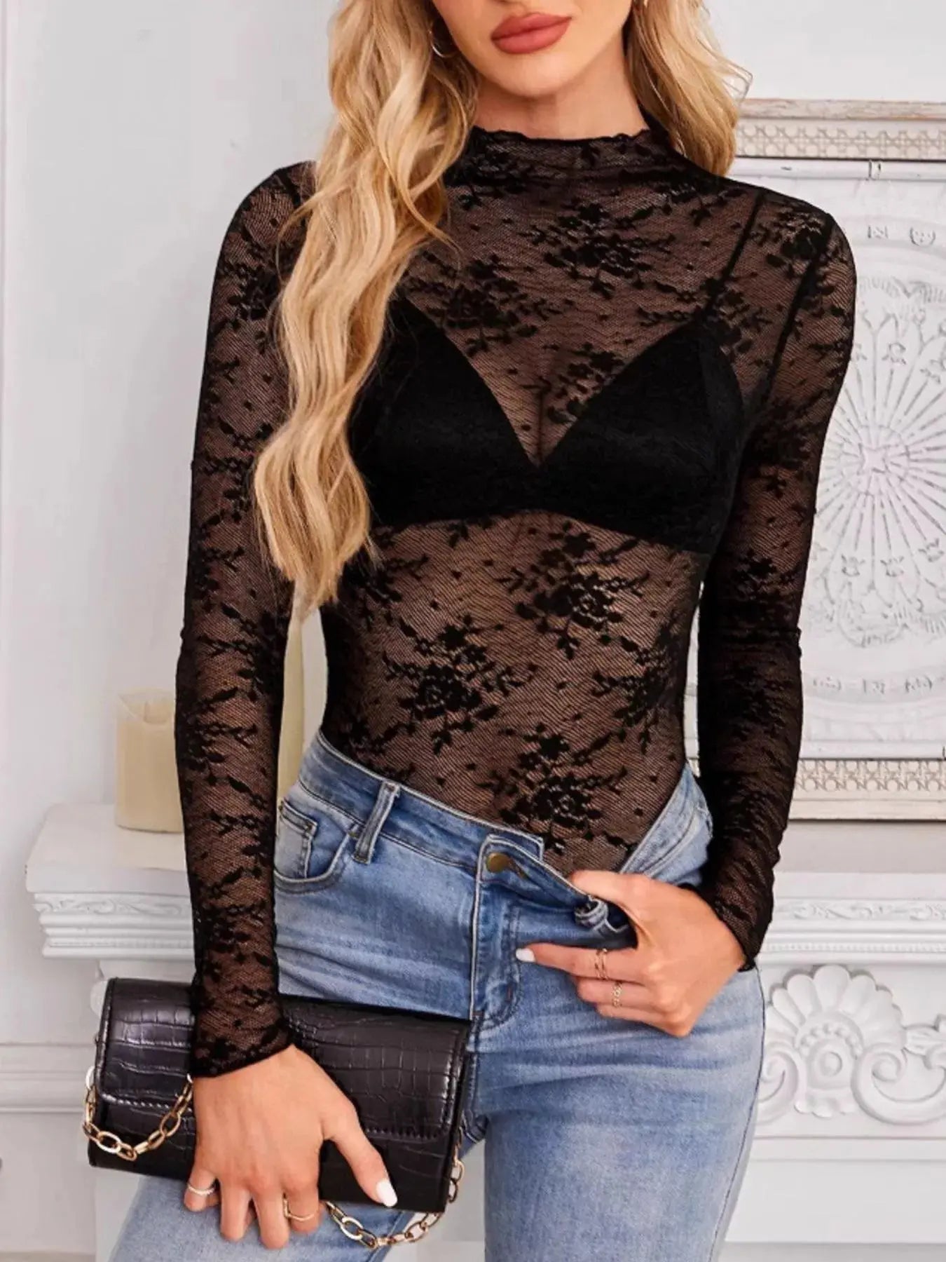 Lace Mock Neck Long Sleeve Blouse STYLE SOURCE