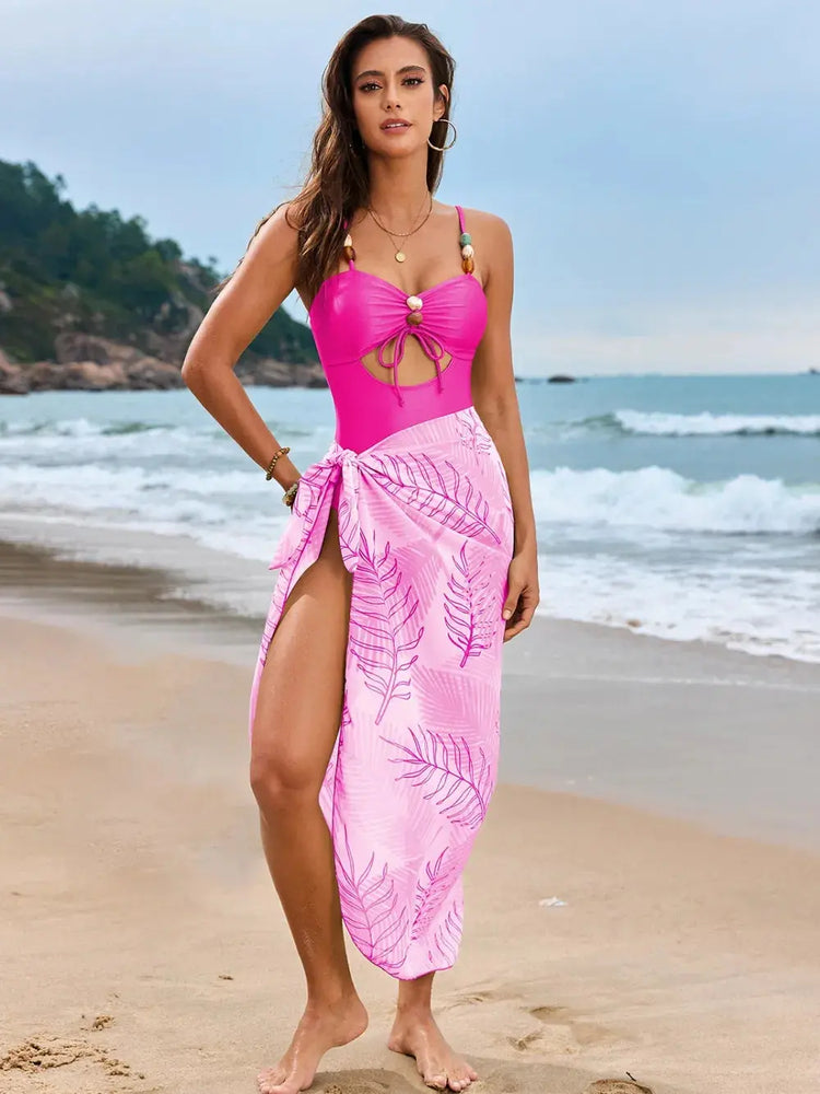 Cutout Sweetheart Neck One-Piece Swimwear and Cover-Up Swim Set STYLE SOURCE