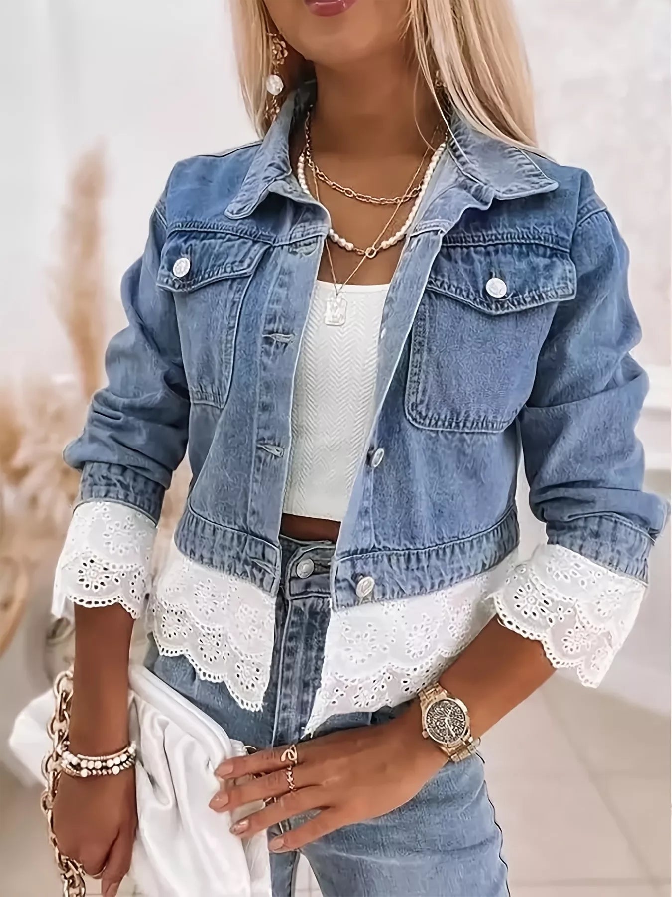 Cropped Denim Jacket with Lace Trim STYLE SOURCE