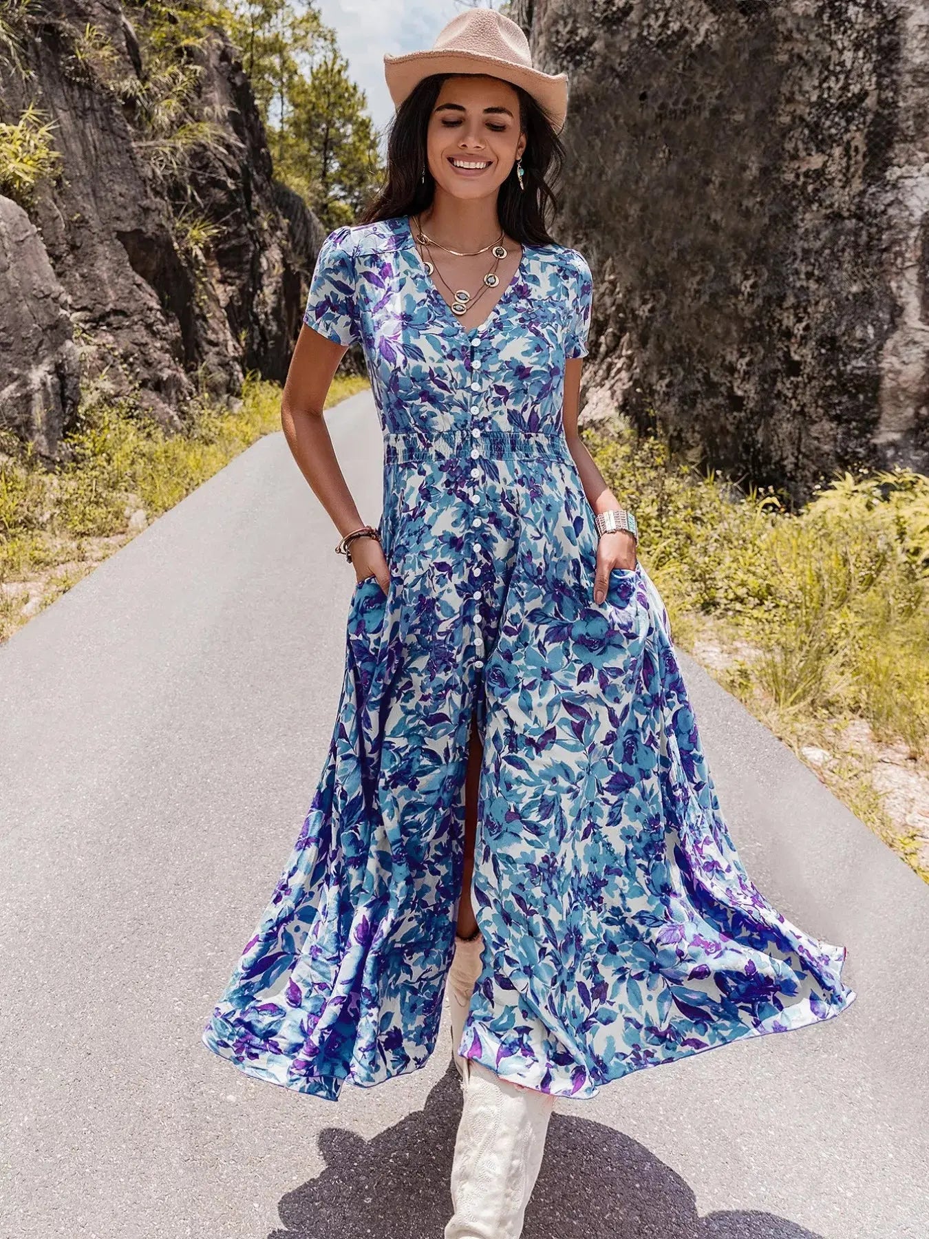 Floral Print V-Neck Slit Midi Dress STYLE SOURCE