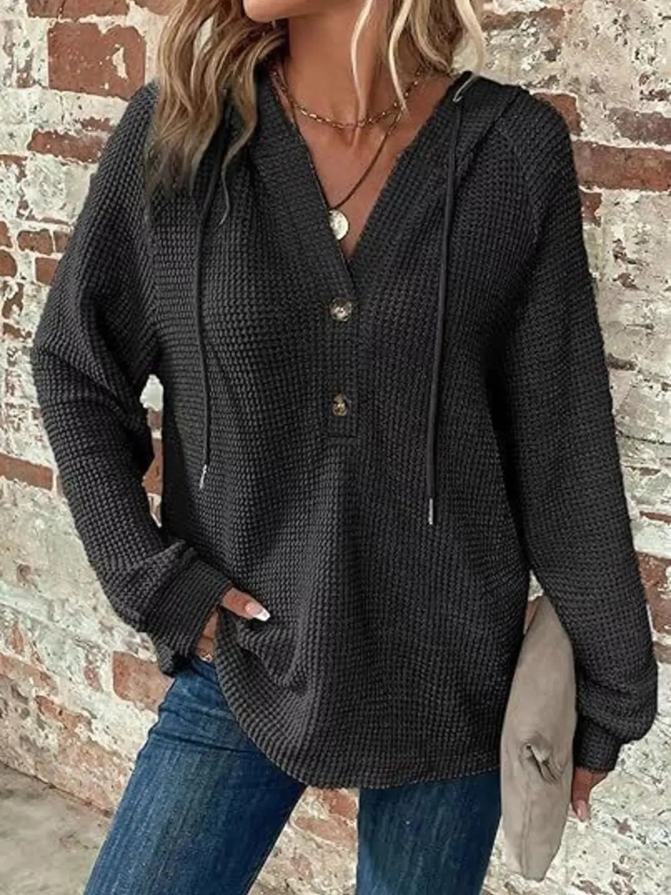 Full Size Button Detail Waffle Knit Hoodie Plus Size STYLE SOURCE