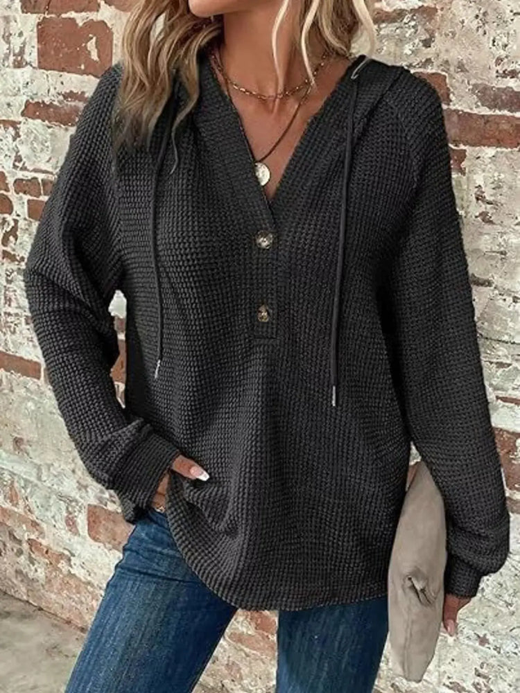 Full Size Button Detail Waffle Knit Hoodie Plus Size STYLE SOURCE