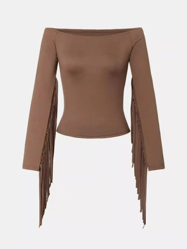 Off-Shoulder Fringe Sleeve T-Shirt STYLE SOURCE