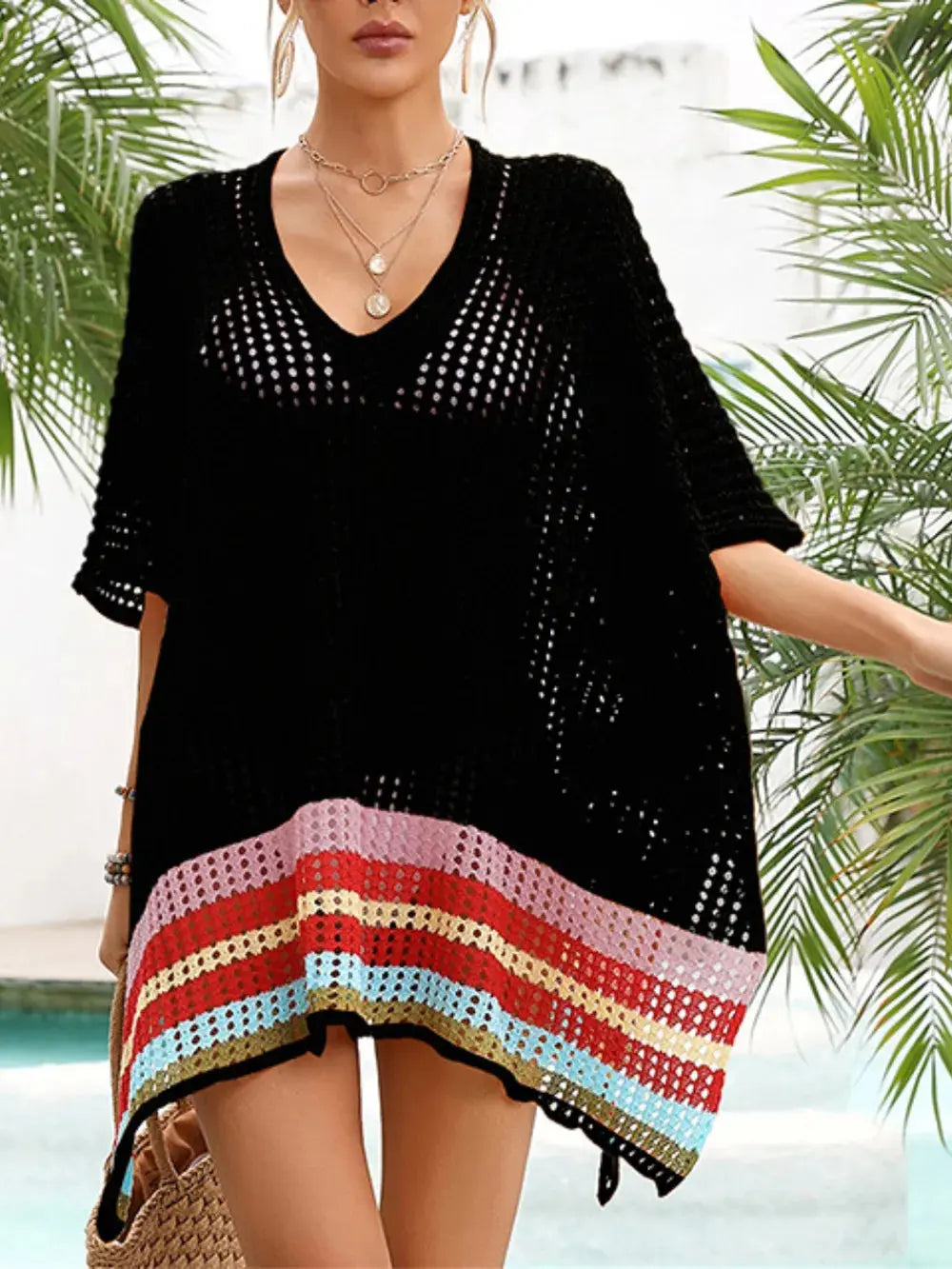 Slit Openwork V-Neck Half Sleeve Cover-Up STYLE SOURCE