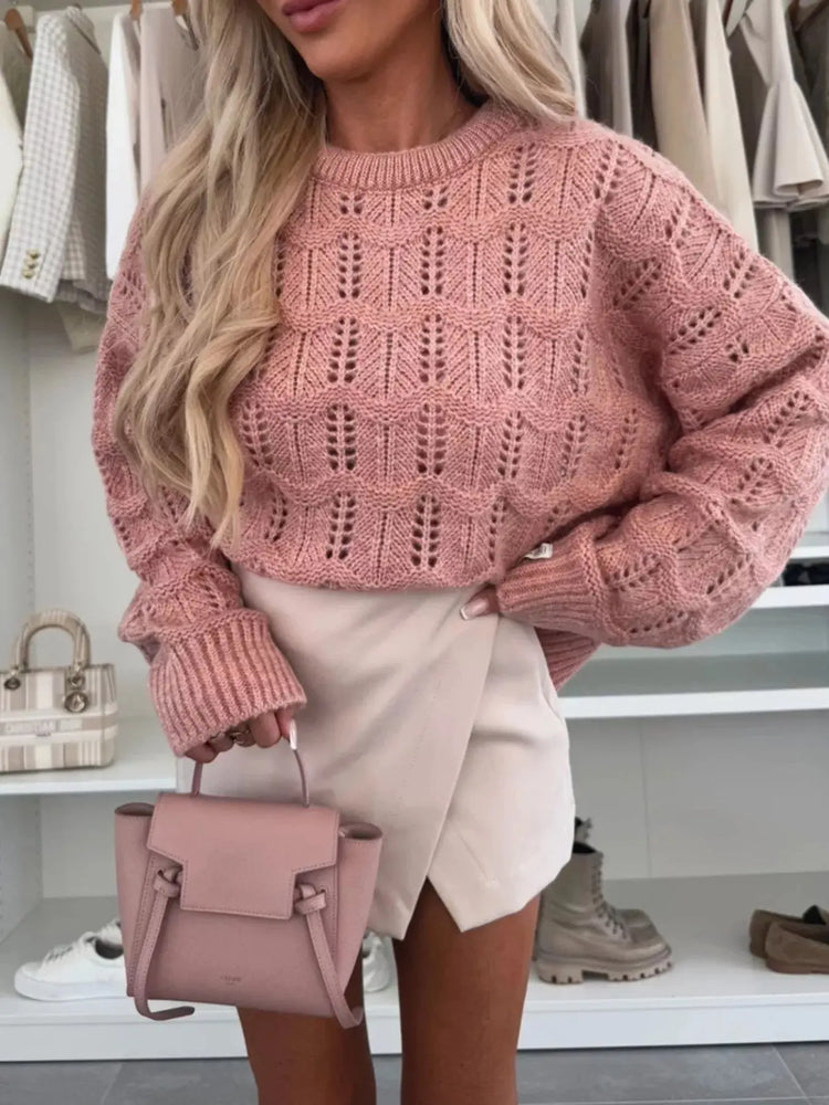 Openwork Round Neck Sweater STYLE SOURCE
